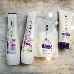 Biolage Ultra Hydrasource shampoo, conditioner, deep treatment, and leave in